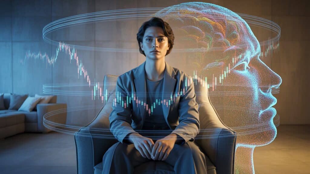 Trader in deep focus with stock chart and digital brain overlay, illustrating mental training and mastering trading psychological strength in trading success.