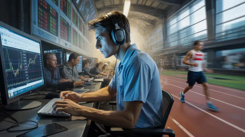 a man wearing headphones to remain focussed and train his mind for trading success, sitting at a trading computer desk.