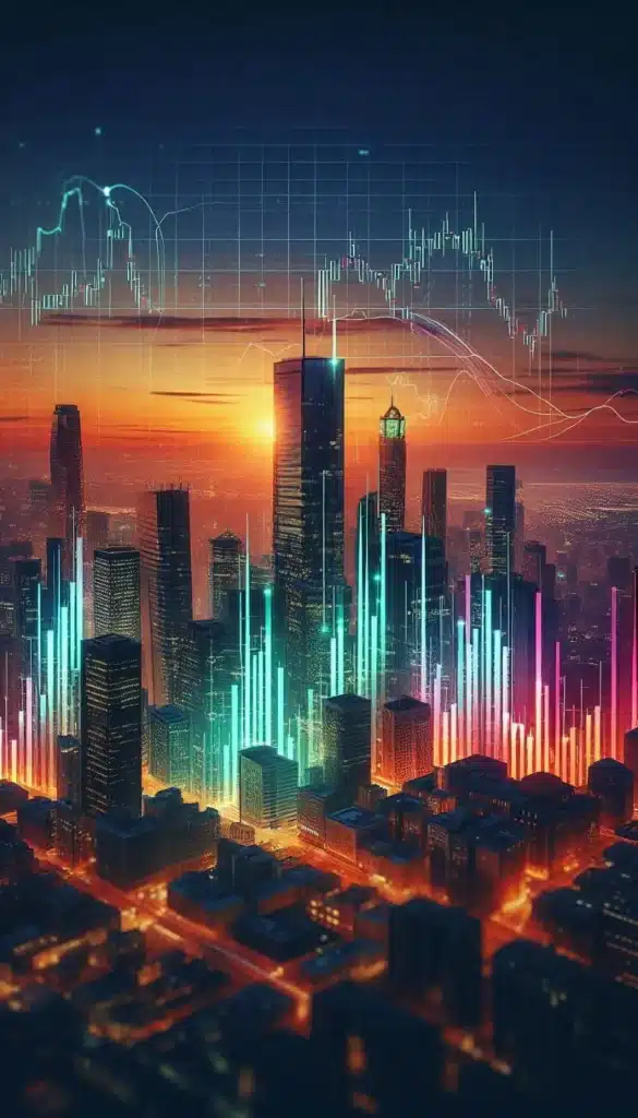 The buildings resembles to the candles of the chart