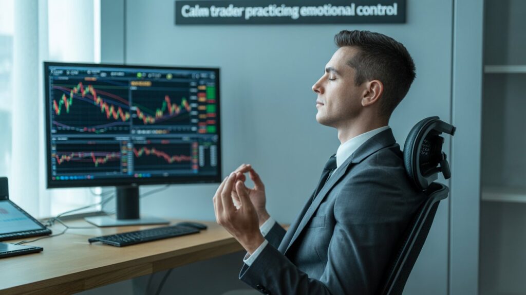 “A focused trader practicing emotional discipline while analyzing charts — illustrating how to stop being emotional when trading.”