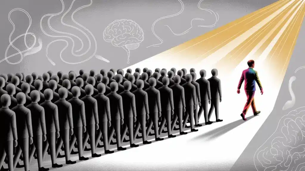 “Illustration of a lone individual walking against a crowd to represent herd mentality and independent thinking”