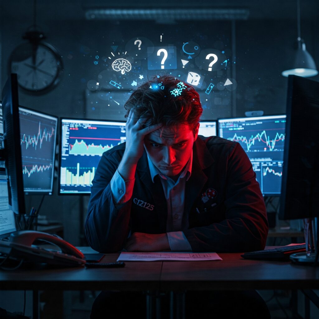 Confused stock trader overwhelmed by market charts, showing common mental mistakes new traders make like overthinking, fear, and analysis paralysis.