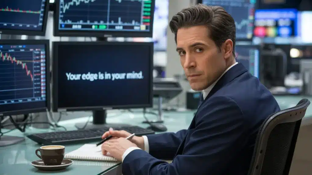 A professional trader demonstrating mental discipline and focus in a high-pressure trading environment, representing trading psychology and mindset mastery.