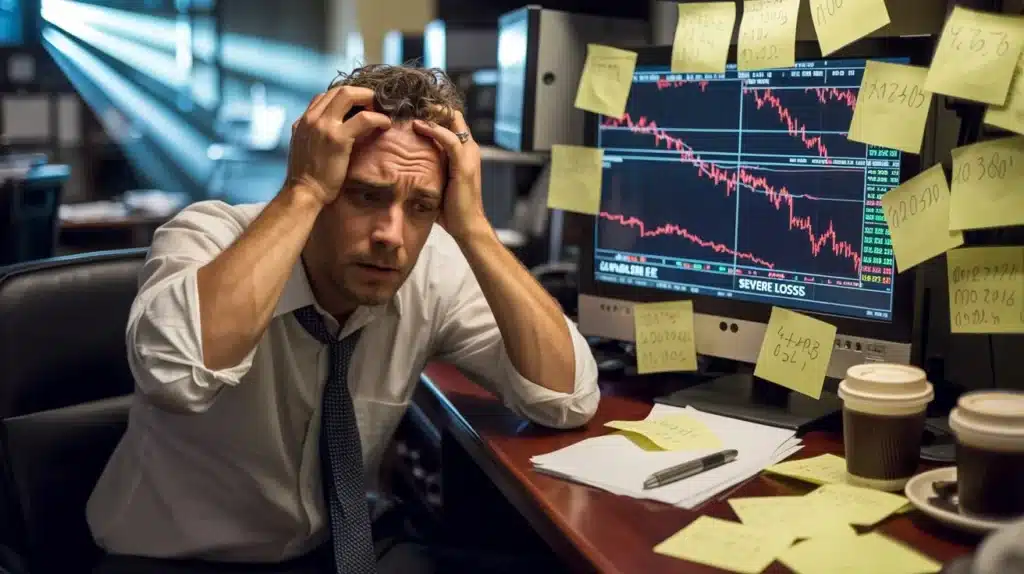 A stressed trader overwhelmed by losses, illustrating the emotional impact of revenge trading psychology