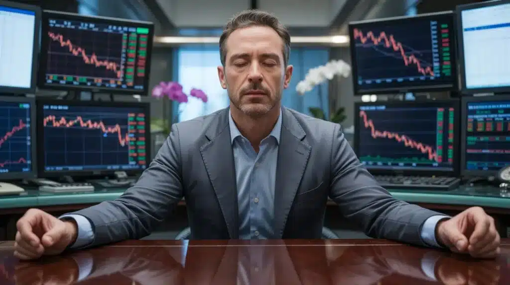 "How to stay mentally strong during trading losses -by meditating in front of red candlestick charts"